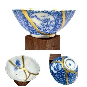 Kintsugi Tea Bowl Eggshell Porcelain Transferware Gold Crack Art Growth Gift
